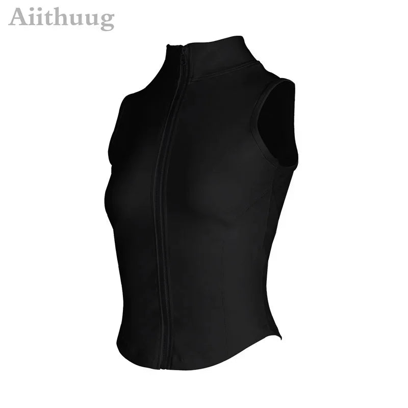 Aiithuug Athletic Zip-Up Sweat Vest Jacket for Women | Sleeveless High Neck Sports Top
