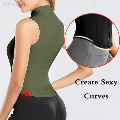 Aiithuug Athletic Zip-Up Sweat Vest Jacket for Women | Sleeveless High Neck Sports Top