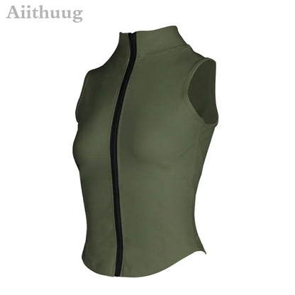 Aiithuug Athletic Zip-Up Sweat Vest Jacket for Women | Sleeveless High Neck Sports Top