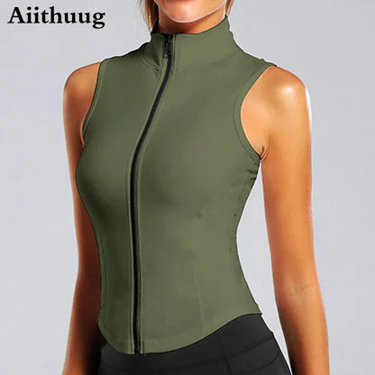 Aiithuug Athletic Zip-Up Sweat Vest Jacket for Women | Sleeveless High Neck Sports Top